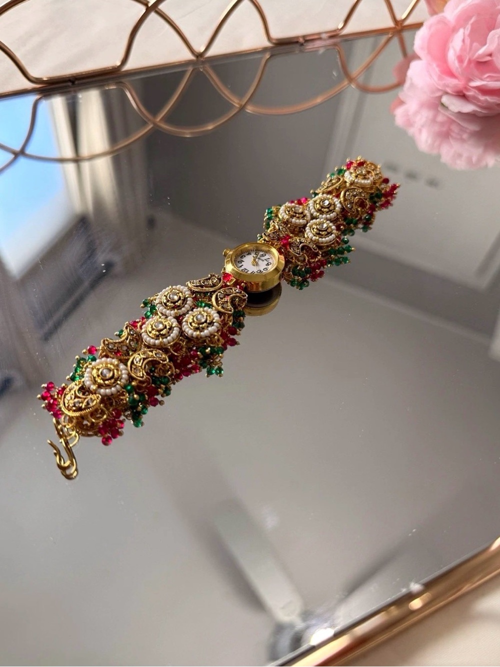 Traditional Gold-Tone Floral Bracelet Watch with Red & Green Accents